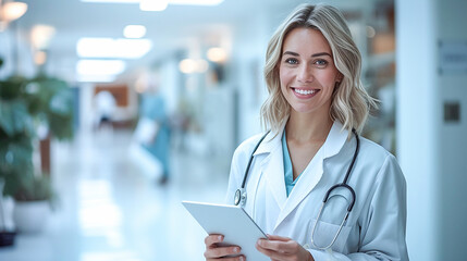 Portrait of a young smiling female doctor in a white coat, with a stethoscope, standing in a hospital. Confident young female therapist takes notes on a tablet. Health and medical care concept