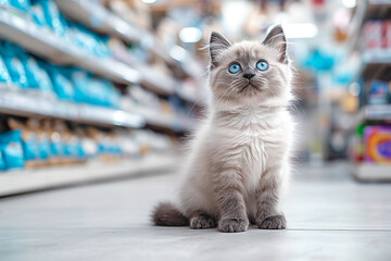 Portrait of a gray fluffy kitten with blue eyes sitting on the floor in a pet store. The cat looks up at the shelves and at the bags of food. Selection of healthy food for pets, shopping, sale