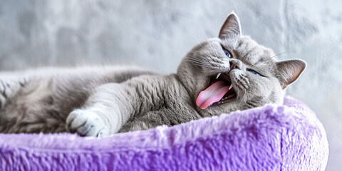 A gray cat yawns while lying in a purple pet bed. A beautiful cat sleeps lounging in a soft small bed in a warm apartment. Animal care concept