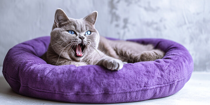 A beautiful British cat with blue eyes lies and yawns in a purple pet bed. A gray cat sleeps lounging in a soft small bed in a warm apartment. Animal care concept - Powered by Adobe