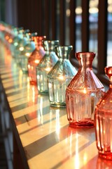 Minimalist solarized glass bottles in orange and light emerald with play of light and shadow