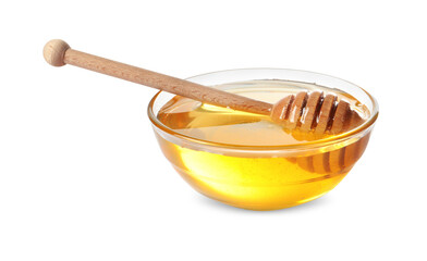 Tasty honey in bowl and dipper isolated on white