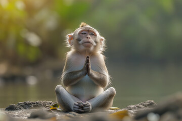 A cute little monkey meditates sitting in a lotus position in nature