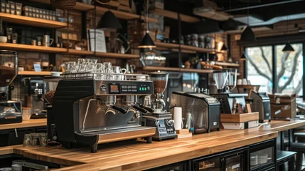 Foto op Plexiglas Hipster looking coffee shop ready to open for the day with a clean and tidy counter and well-maintained shiny coffee machine on the the wooden surface © Nataliya