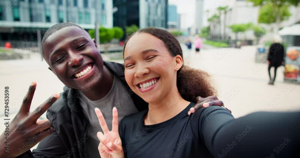 Poster Couple, city and selfie with exercise, smile and support for workout with influencer or peace sign activity. New York, man or woman with fitness or picture for social media or hobby with wellness