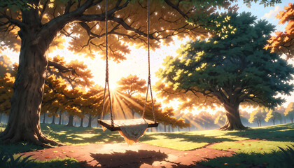A swing under a big tree in the sunset of Autumn park