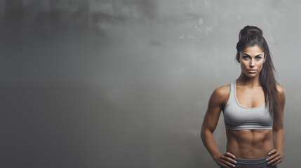 Obraz premium Young fitness girl posing on a grey background with negative space text. Gym, workout, exercise, healthy lifestyle, wellness.