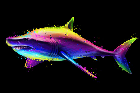 Abstract, multicolored image of a shark in watercolor style on a black background. 