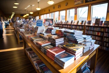 Bookstore display table with stacks of new books and aisle of bookshelves in background