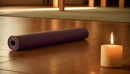 White room with rolled yoga mat and candle