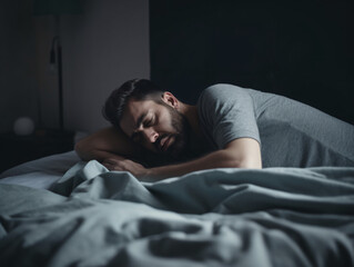 Fototapeta na wymiar Depressed man lying in his bed and feeling bad