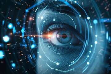 Futuristic Vision: Close-up of a Woman's Eye with Digital Network Mapping, Symbolizing Advanced Technology and Data Analysis Concepts