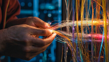 fiber optic technician working with high tech network cables - obrazy, fototapety, plakaty