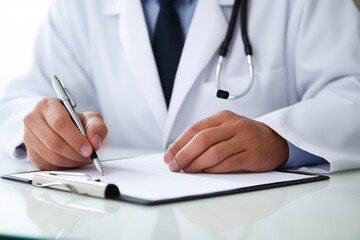 Fototapeta premium Hands of medical doctor in white robe writing disease history, close up shot. Doctor writing out RX prescription. Health care science