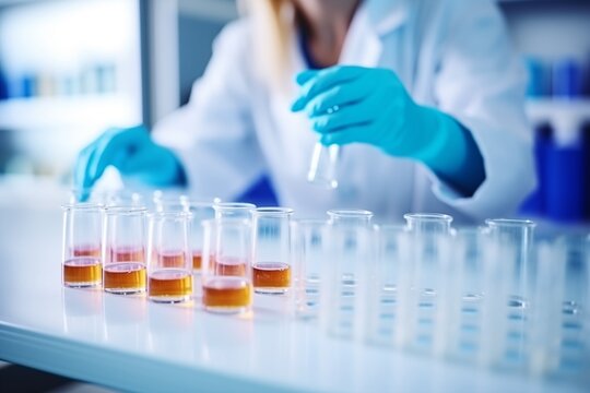 Researcher, scientist in sterile gloves testing substances in clinical laboratory. Woman microbiologist in white robe works. Medicine. Medical science and biotechnology. Scientific research in a lab