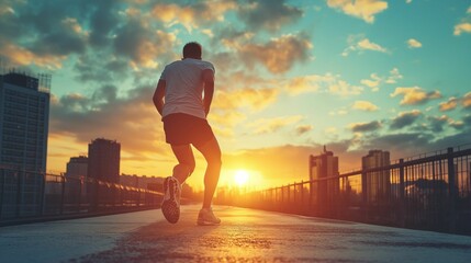 An athlete training at sunrise, displaying determination and a healthy lifestyle, with an urban backdrop 