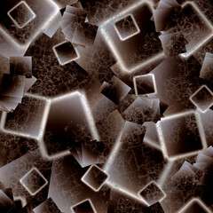 Illuminated light squares are scattered across a brown cracked background. Abstract geometric background.