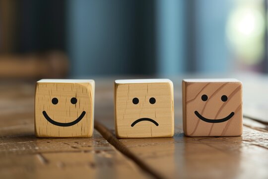 Emotion concept with happy and sad faces on wooden blocks