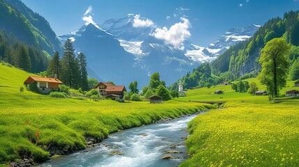 Beautiful Alps landscape with village, green fields, mountain river at sunny day. Swiss mountains at the background - obrazy, fototapety, plakaty