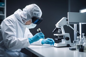 Scientist conducting experiments in laboratory with microscope and advanced equipment