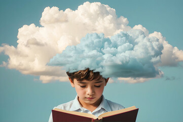Young boy is holding a book with his eyes closed, a cloud on his head shows that he is dreaming. Surreal creative photography. Pastel blue colors.
