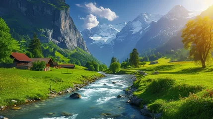 Foto op Canvas Beautiful Alps landscape with village, green fields, mountain river at sunny day. Swiss mountains at the background © Jennifer