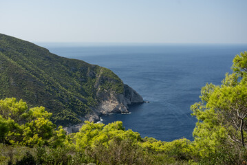 Fototapeta premium Aerial view of Navagio beach on Zakynthos island, Greece. Shipwreck Beach or Agios Georgios. is exposed cove in the Ionian Islands of Greece. Shipwreck on the beach in Zakynthos island, Greece.