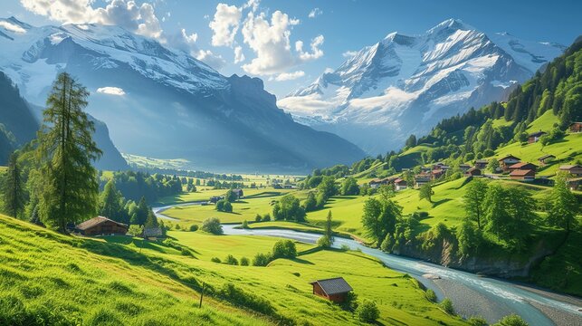 Beautiful Alps landscape with village, green fields, mountain river at sunny day. Swiss mountains at the background