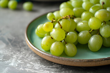 Professional food photo. Ad for healthy lifestyle, fitness. Plate with green grapes