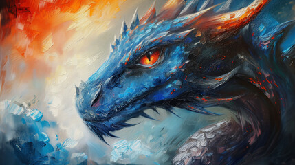 Portrait of a Blue Dragon's Head Painted in Oil, Featuring Fierce Eyes Glinting with the Reflection of Firelight. A Powerful and Intimidating Representation Captured in Vivid Detail