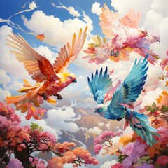 Vibrant birds soaring through the sky with majestic colors and intricate patterns
