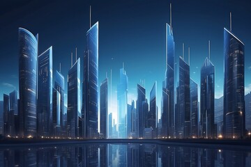 Metaverse smart technology city. Digital futuristic data skyscrapers on technological blue background. Business, science, internet concept - obrazy, fototapety, plakaty