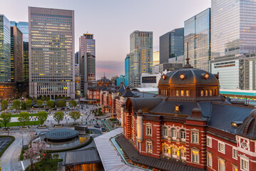 Tokyo station building, at sunset, railway station at Marunouchi district, Tokyo Japan.