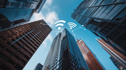 Fototapeta na wymiar Urban Connectivity: Wireless Signs Among Skyscrapers