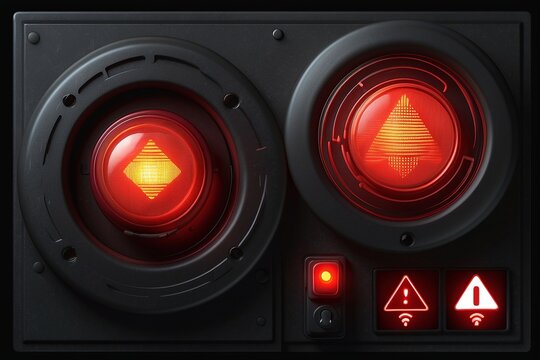 Red alert lamp or warning indicator on black panel glowing. Red alert lamp, status indicator, warning lamp or button.Generative Ai content