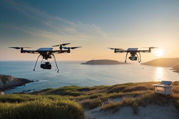 Solar-powered AI drones conducting environmental monitoring over a coastal ecosystem. Showcasing sustainable technology in action. Banner. Generative Ai content. - obrazy, fototapety, plakaty