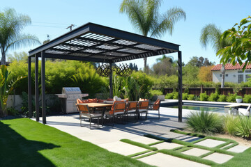 Modern patio furniture includes a pergola shade structure, an awning, a patio roof, a dining table, seats, and a metal grill, grass lawn, tropical garden, and a mini pool