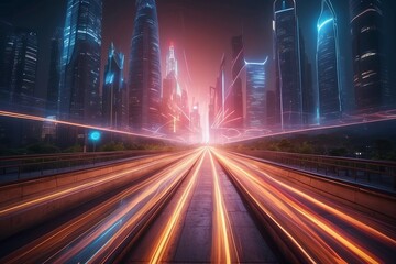 Speed light trails path through smart modern mega city and skyscrapers town with neon futuristic technology background, future virtual reality, motion effect, high speed light.