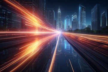 Fototapeta na wymiar Speed light trails path through smart modern mega city and skyscrapers town with neon futuristic technology background, future virtual reality, motion effect, high speed light.