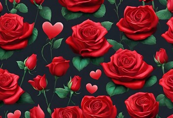 AI generated illustration of a group of red roses with green foliage on a dark backdrop