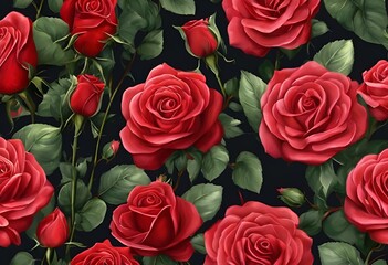 AI generated illustration of a seamless fabric print of big roses and leaves on a black background