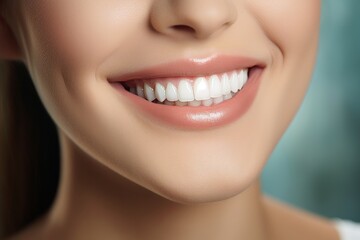 Fototapeta premium Close-up of a woman smile. Beautiful teeth and painted lips close-up