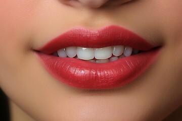 Fototapeta premium Close-up of a womans beautiful smile with white and healthy teeth and glamorous painted lips