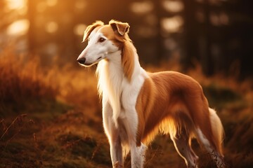 Naklejka na ściany i meble Cute Borzoi dog photo, in the style of golden light, danish golden age, sony alpha a7 iii, northern and southern dynasties, fairy tale