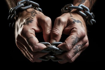 Fototapeta na wymiar mans hands bound with a rusty steel chain, symbol of captivity and incarceration