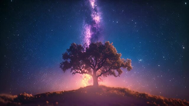 4k Big beautiful tree against the African night sky with the Milky Way rising. Galaxy sparkling in the night. Colorful landscape