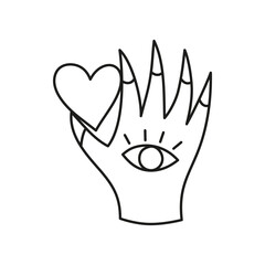 Doodle witch hand with seeing eye, claws and heart.