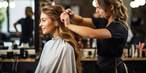 Professional Hairdressing: A Stylish Salon with Young Women Getting Haircuts and Styling in a Fashionable Hair Studio