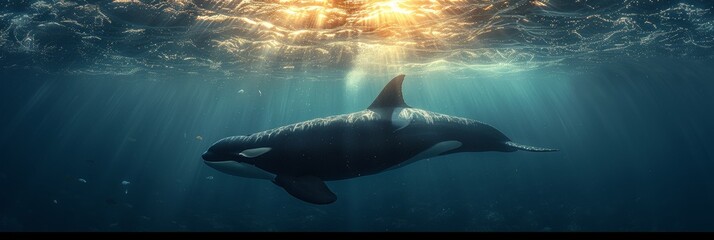 Killer whale underwater, a photo of a killer whale from underwater. - obrazy, fototapety, plakaty