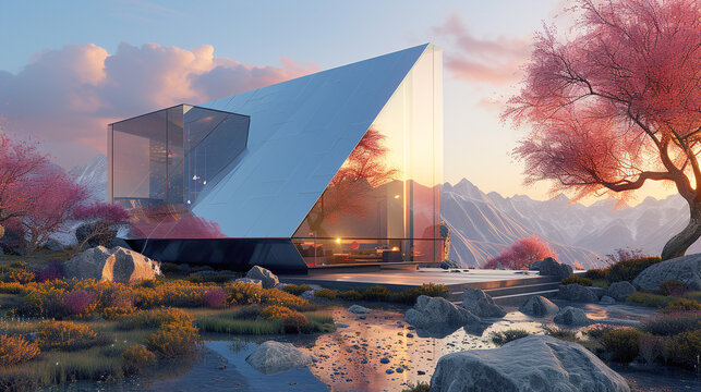 A geometric mountain retreat with a reflective metallic exterior, designed to mirror the changing colors of the sky and surrounding peaks. 